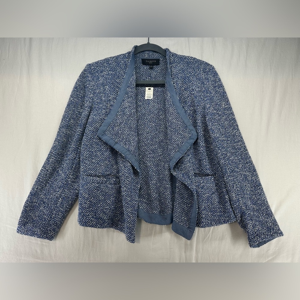 Talbots Blue Tweed Drape Open Front Blazer Classic Womens Size‎ L Petite NEW